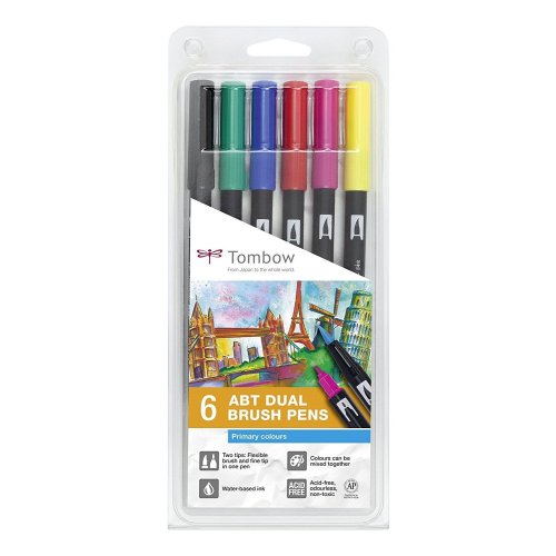 Tombow 6 ABT Dual Brush Pens - Hauptfarben Prim&auml;r Stifte 2 Spitzen ABT-6P-1