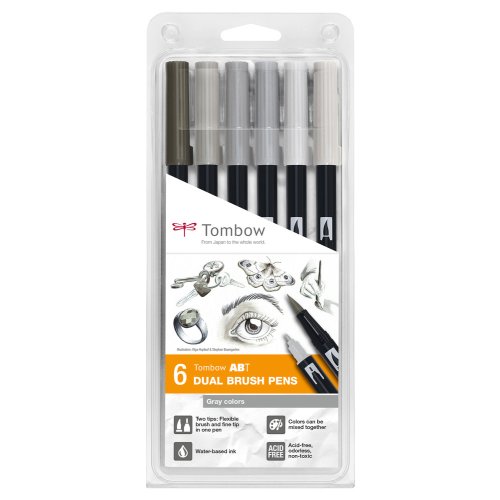 Tombow 6 ABT Dual Brush Pens - Grau Schwarz Farben Stifte 2 Spitzen ABT-6P-6